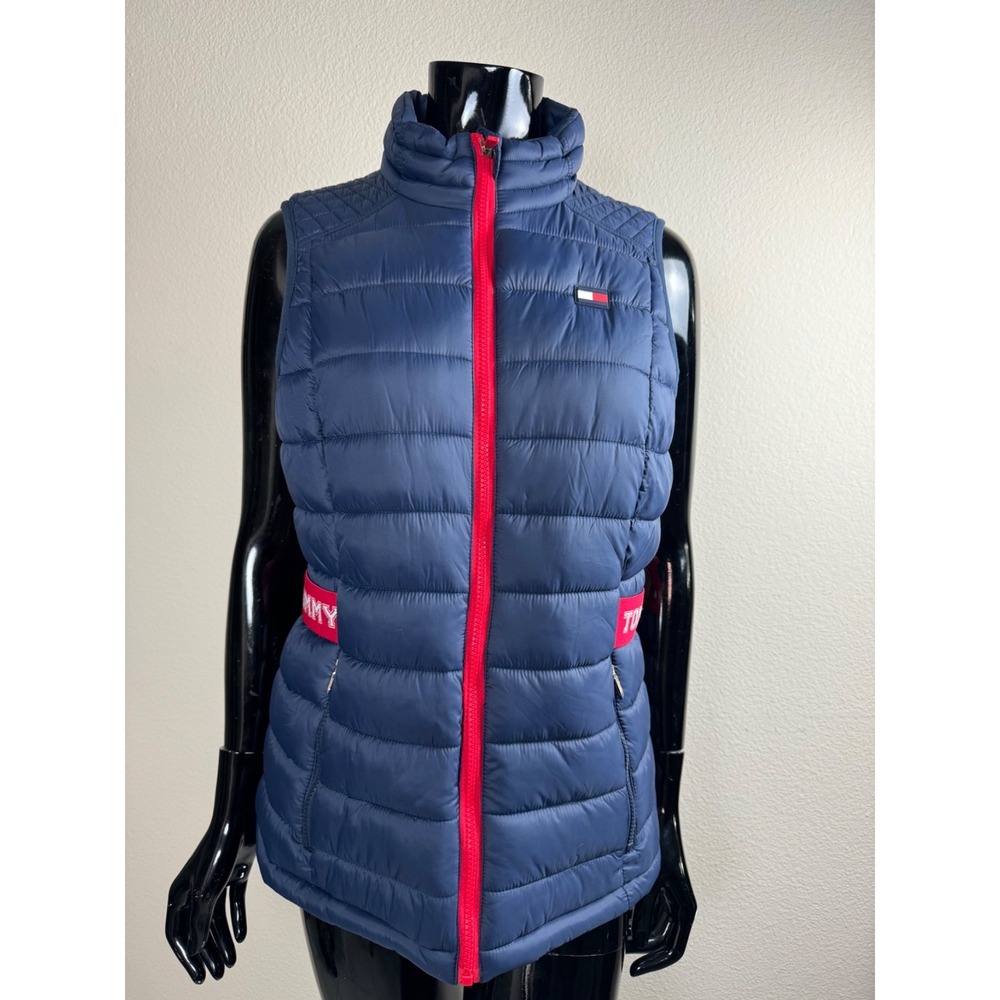 Tommy Hilfiger Sport Women's Navy Puffer Vest Medium Red Zip Lightweight Quilted